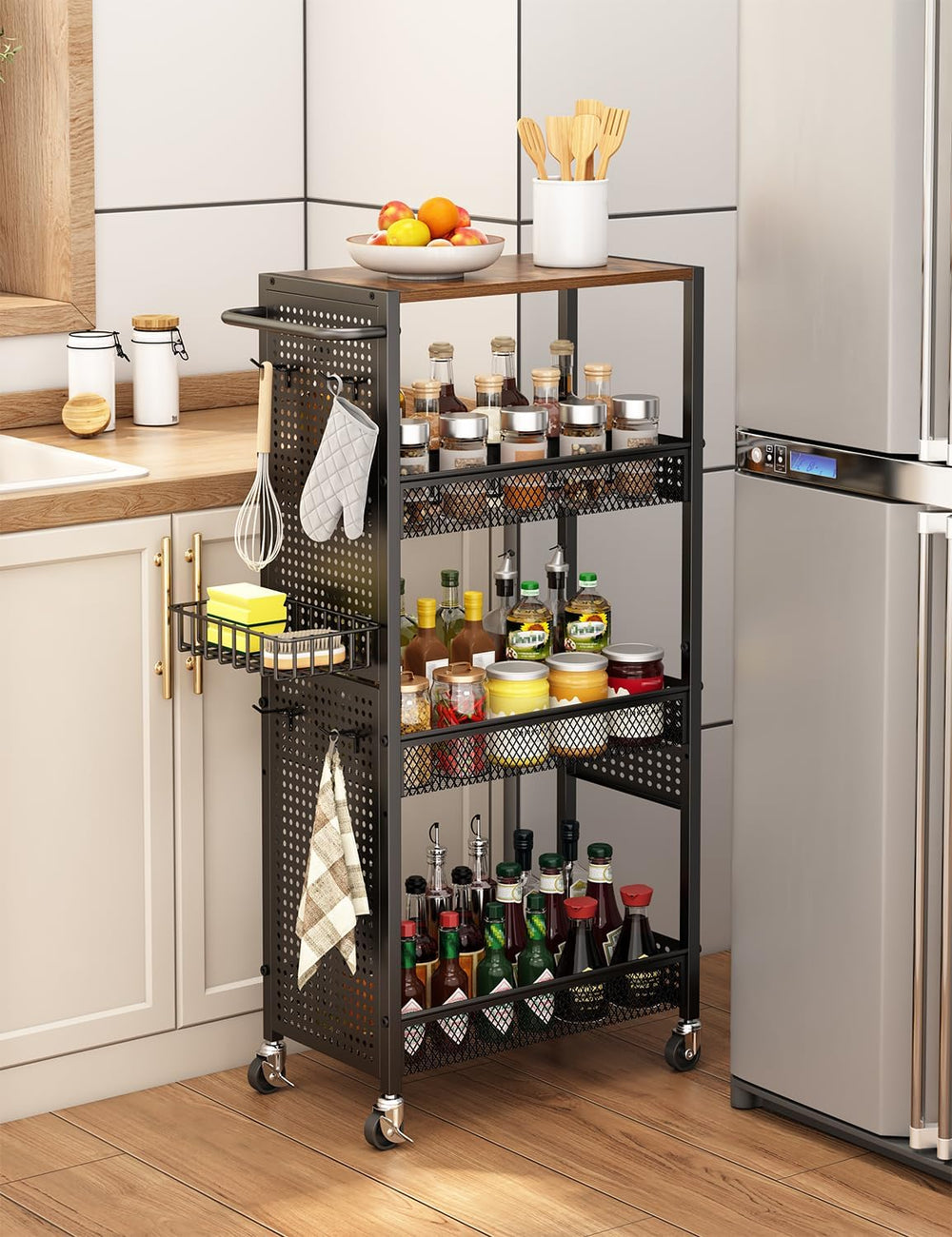 Slim Storage Rolling Cart: 4-Tier Narrow Metal & Wood Utility Cart with W...