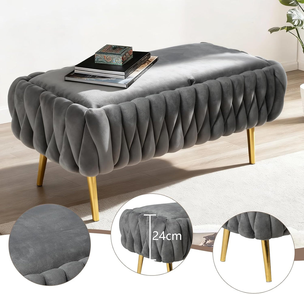 End of Bed Bedroom Storage Bench Upholstered, Hand-Woven Storage Ottoman Benc...