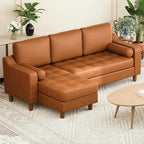 GarveeHome 88.9" L-Shape Sofa with Convertible Chaise, Sectional Leather Sofa with Deep Seat, Mid-Century Modern Sofa for Living Room, 3 Seat Leather Couch, Cognac Tan
