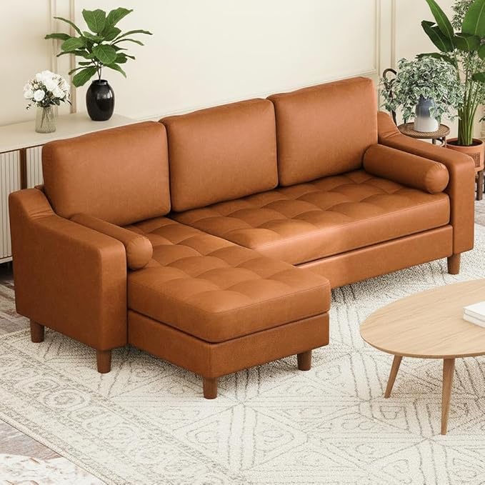 GarveeHome 88.9" L-Shape Sofa with Convertible Chaise, Sectional Leather Sofa with Deep Seat, Mid-Century Modern Sofa for Living Room, 3 Seat Leather Couch, Cognac Tan