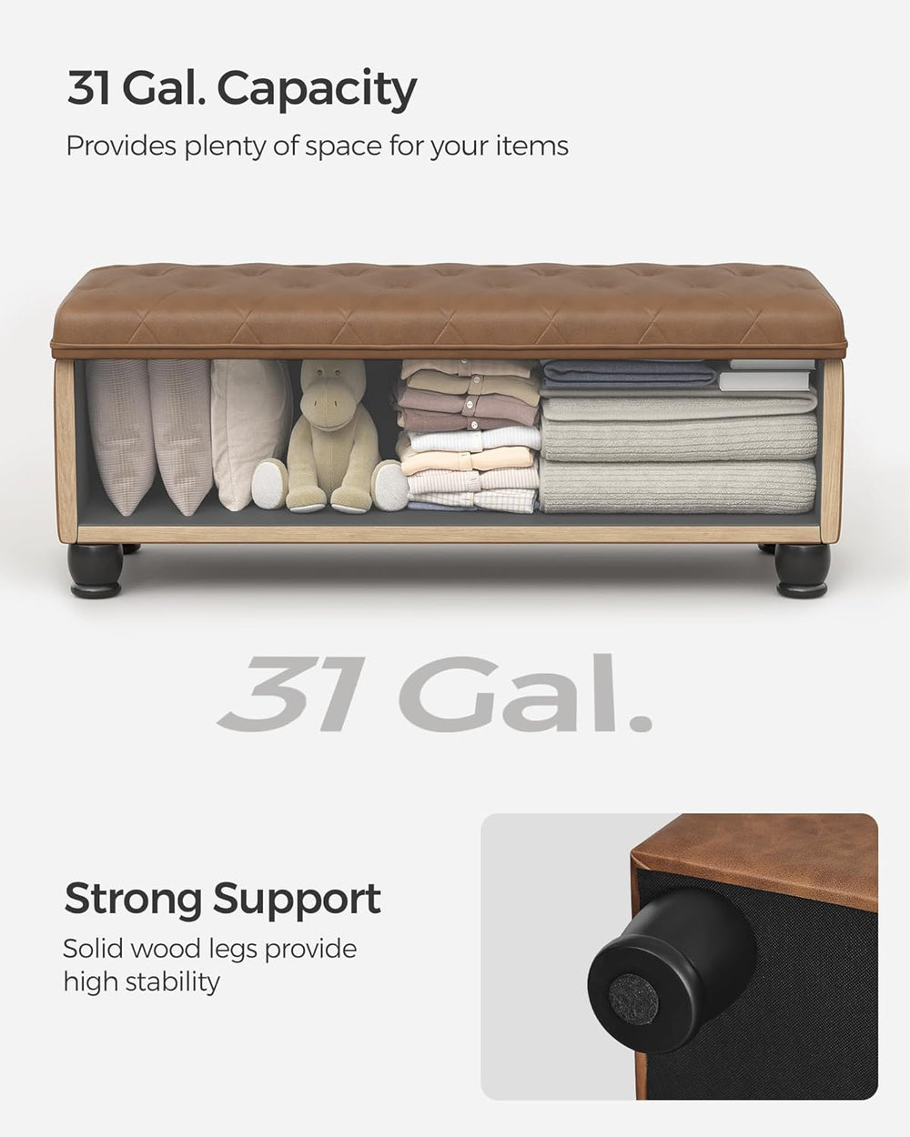 SONGMICS Storage Ottoman, 46.5 Inches Long Bed End Stool, Solid Wood Legs | B...