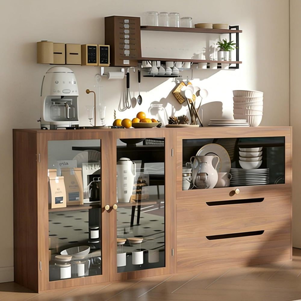 DIY Storage Cabinet 63'' Walnut - Glass Doors & Drawers Sideboard...