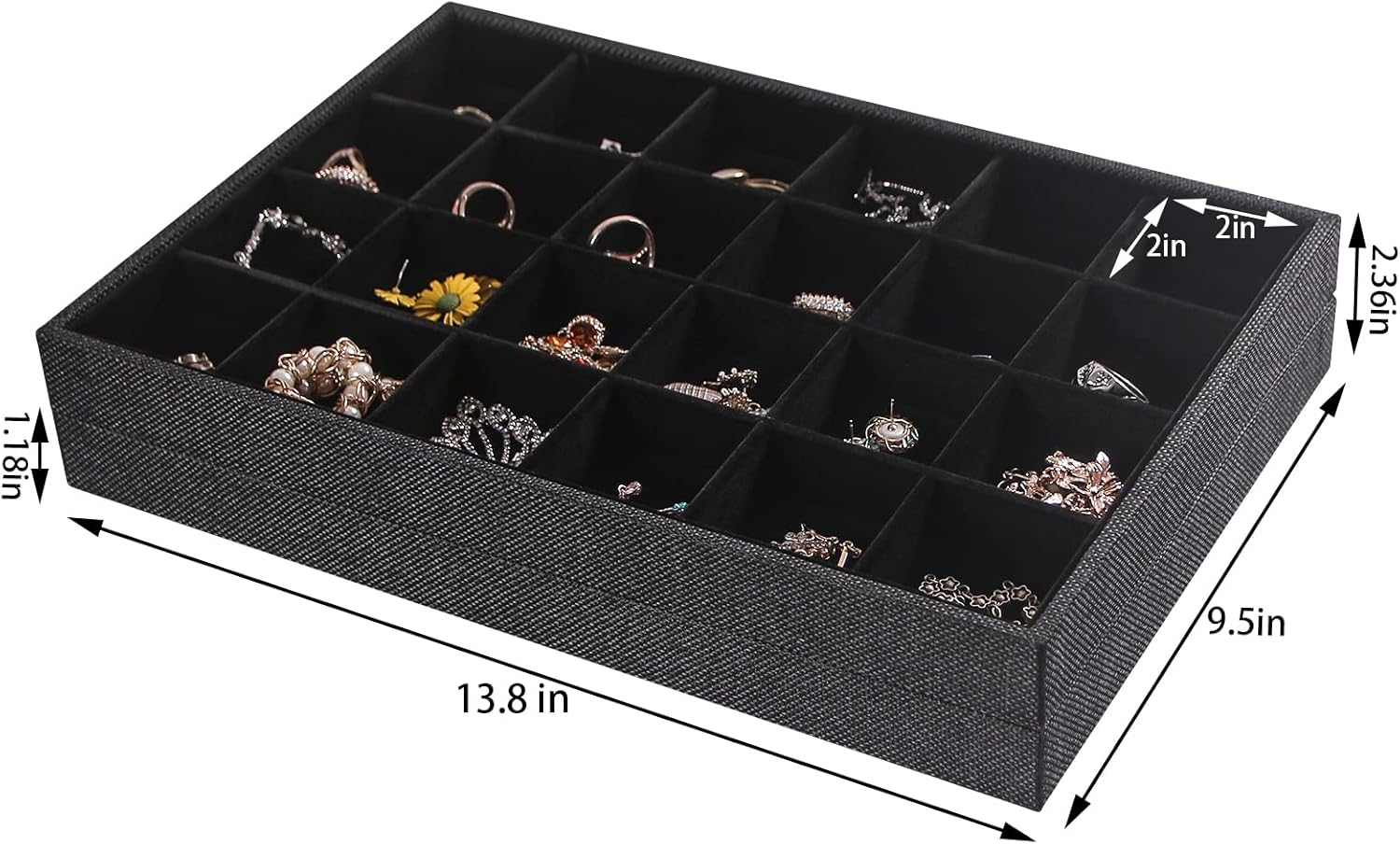 Julysky 2 Pack 24 Grids Jewelry Organizer Trays Ring Earring Display Stand for Selling, Black Velvet Necklace Holder Box Bracelet Case