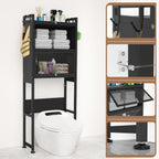 ZZL Over The Toilet Storage Cabinet,3-Tier,Bathroom Toilet Organizer,Waterproof, Cabinet Door Design,Freestanding Space Saver with 4 Hooks for Bathroom,Black