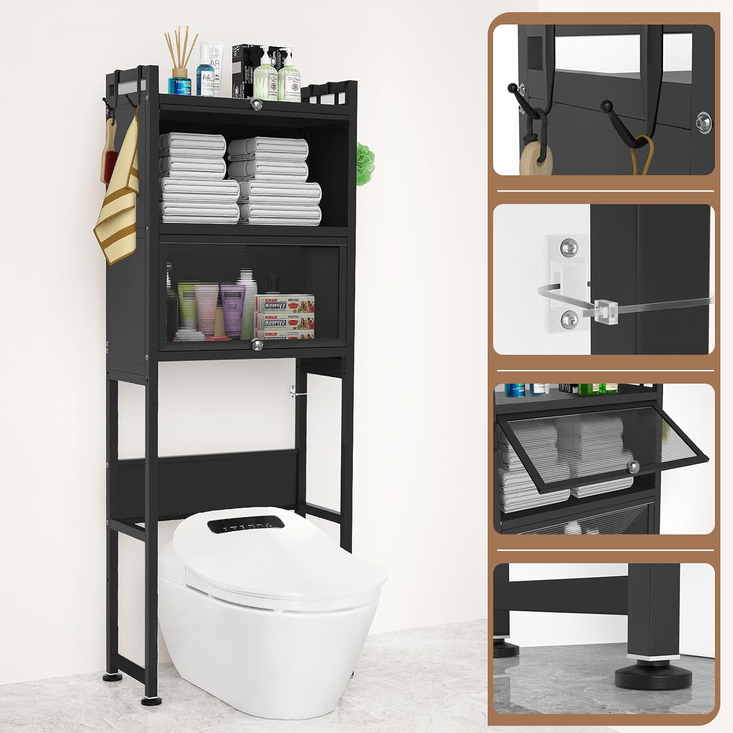 ZZL Over The Toilet Storage Cabinet,3-Tier,Bathroom Toilet Organizer,Waterproof, Cabinet Door Design,Freestanding Space Saver with 4 Hooks for Bathroom,Black