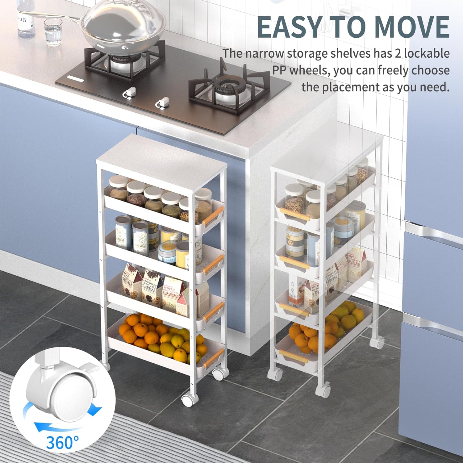 5 Tier Slim Rolling Utility Cart with Drawers Pull-Out Design Slim Storage Cart with Metal Frame and Wooden Top for Narrow Space in Home Kitchen Bathroom White (Width 8.1 Inches)