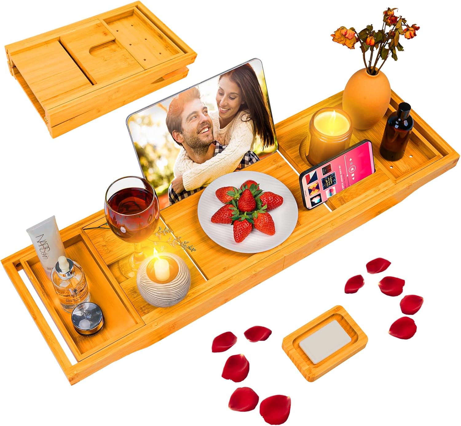 Foldable Bathtub Caddy Tray, Bamboo Bath Tub Tray Table for Tub with Wine Glass Holder Book Phone Tablet Holder with Extending Sides, Adjustable Bathroom Bathtub Free Soap Holder Gift Idea (Beige)