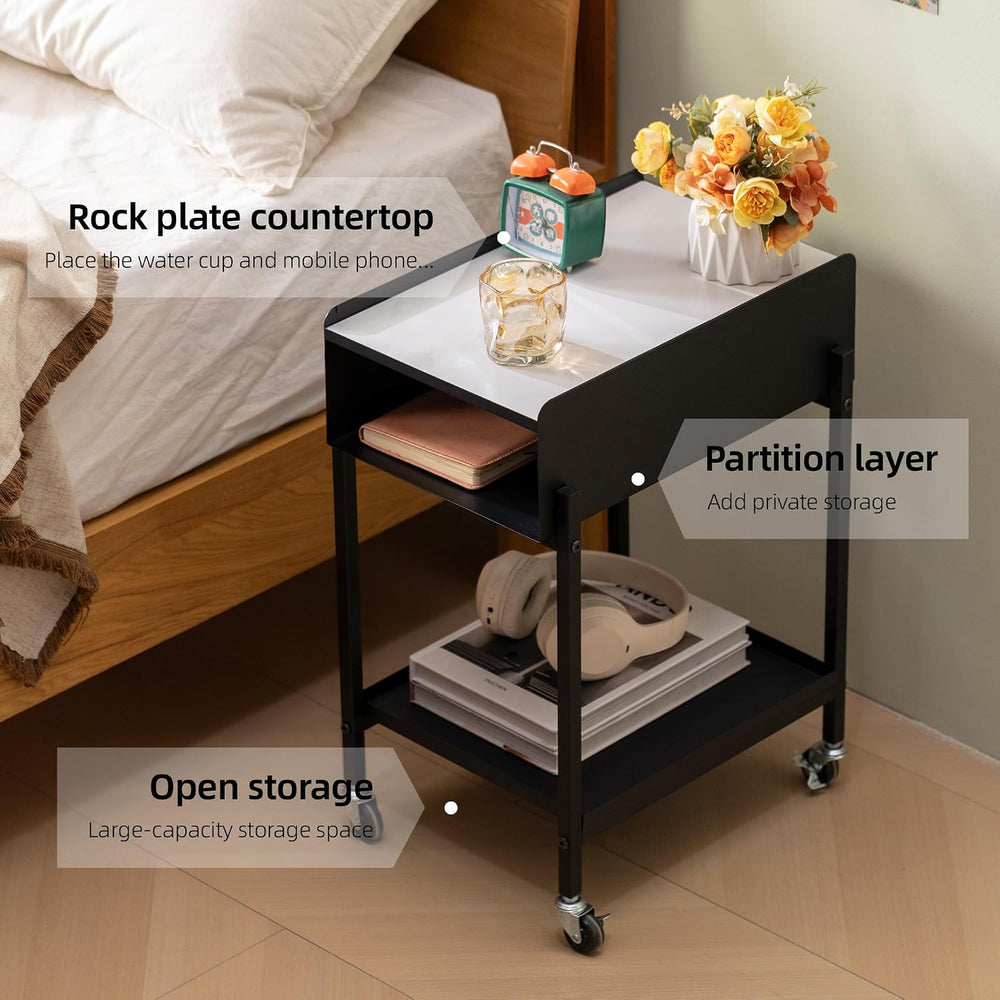 Bedside Table with Wheels Rolling Nightstand 3-Tier Sofa Side Table Modern En...