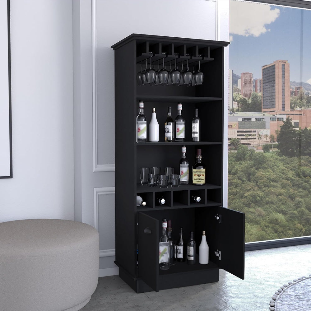 70-Inch High 10-Glass Bar Cabinet with 5 Cubbies and 3 Open Shelves and Cabin...