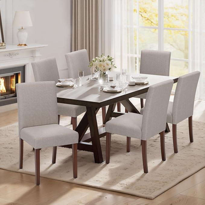 Upholstered Dining Chairs Set of 6, Modern Fabric Dining Room Chair, Wooden Dining Chair, Kitchen Side Chairs, Farmhouse Dinner Chair with High Back for Kitchen, Brown