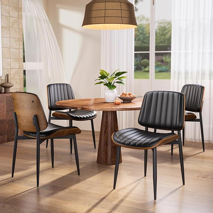Dining Chairs Set of 6, FSC Certified Mid Century Modern Dining Room Kitchen Chairs, Upholstered PU Leather Vertical Stripe Chairs for Vanity with Walnut Bentwood and Metal Legs, Black