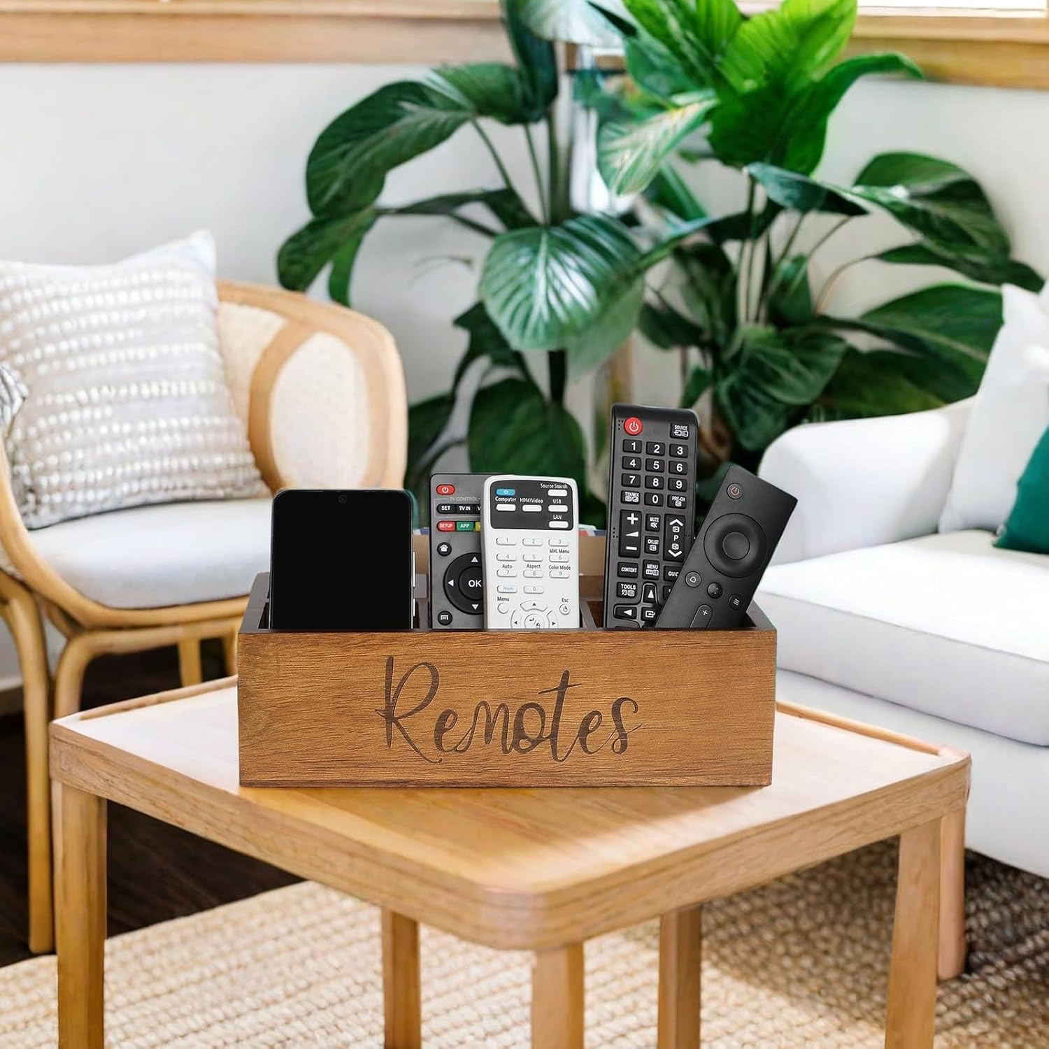 Acacia Wood Remote Control Holder Caddy, TV Organizer for Table, Vintage Farmhouse Desk Caddy (Brown-for 6+ Controls)