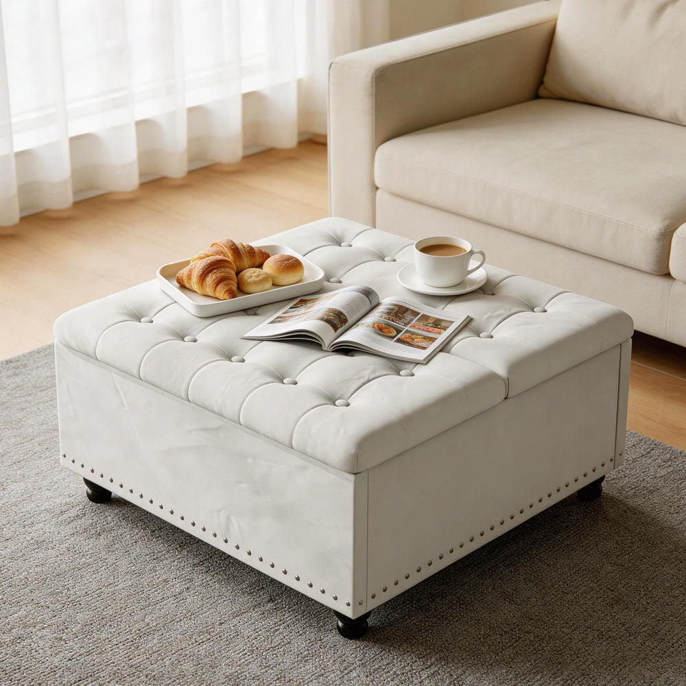 FUXA 35" Large Square Ottoman with Storage and Lift Top, Wood Legs, Beig...