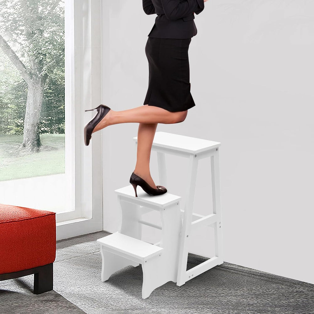 Wooden Folding Library Ladder Chair, 3-Step Multifunctional Step Stool, Displ...
