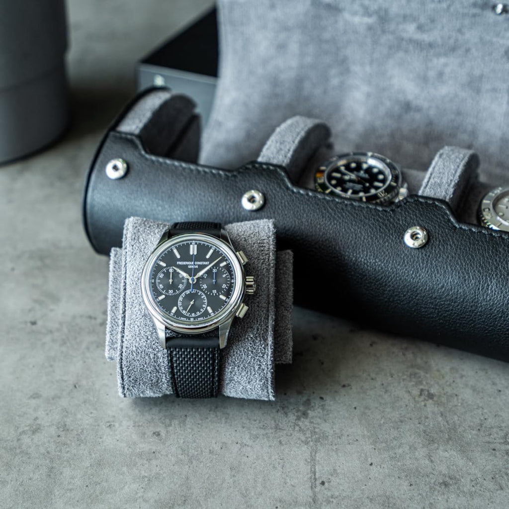 DailyWatch | Watch Roll Travel Case For 3 Watch | Luxury Watch Case In Genuine Black Leather With Soft Velvet Interior | Watch Case Protect, Store, & Display Your Watches | Black Grey