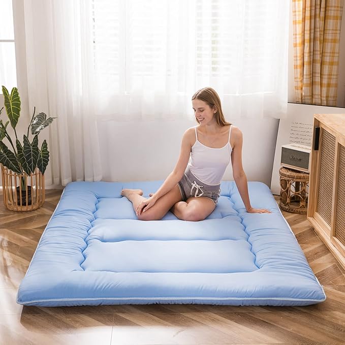 MAXYOYO Japanese Floor Mattress Futon Mattress, 4" Thicken Tatami Mat Sleeping Pad Foldable Roll Up Mat Boys Girls Dormitory Pad Kids Floor Lounger Pillow Bed, Charcoal Grey, Queen Size