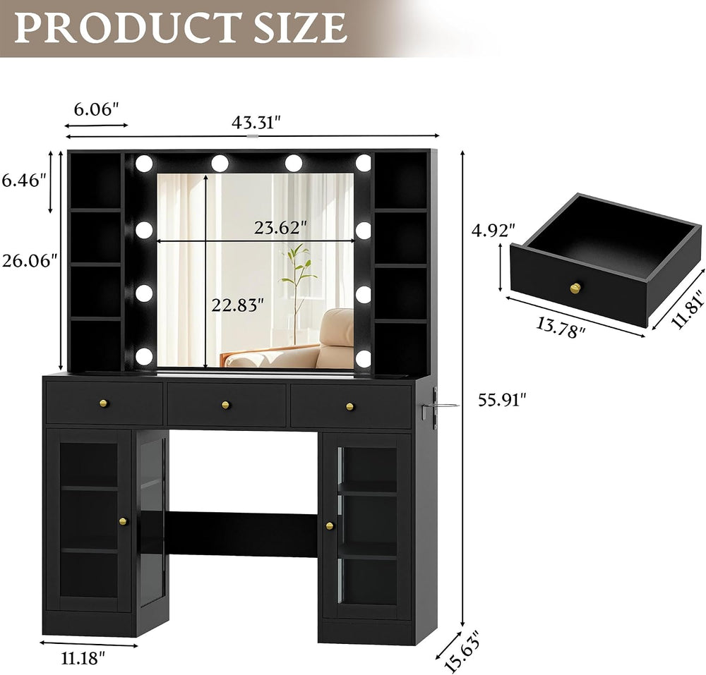 Wodeer Makeup Vanity Desk with Mirror and Lights, Black Vanity with Glass Top...