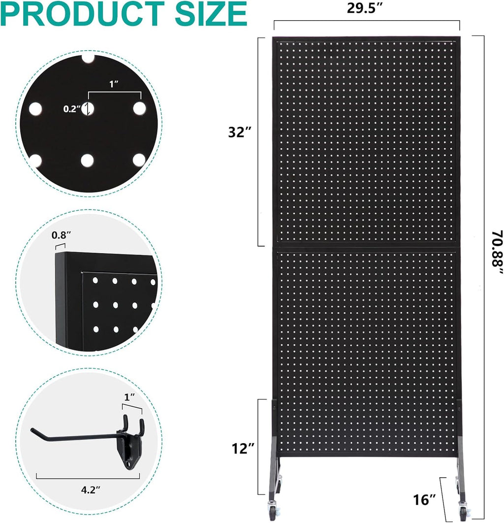 Eastern Tree 2.5'x 6' Metal Pegboard Display Stand with T-Base, Black Peg Board Panels Display with Casters, Standing Pegboard Display, Retail Display Stand, Extra 10 Pieces Hooks, Black