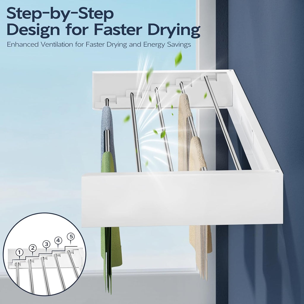 Vikaqi Wall Mounted Foldable Clothes Drying Rack, 32-Inch Wide, 5 Stainless Steel Rods, Space-Saving Laundry Drying Rack with Wall Template, White