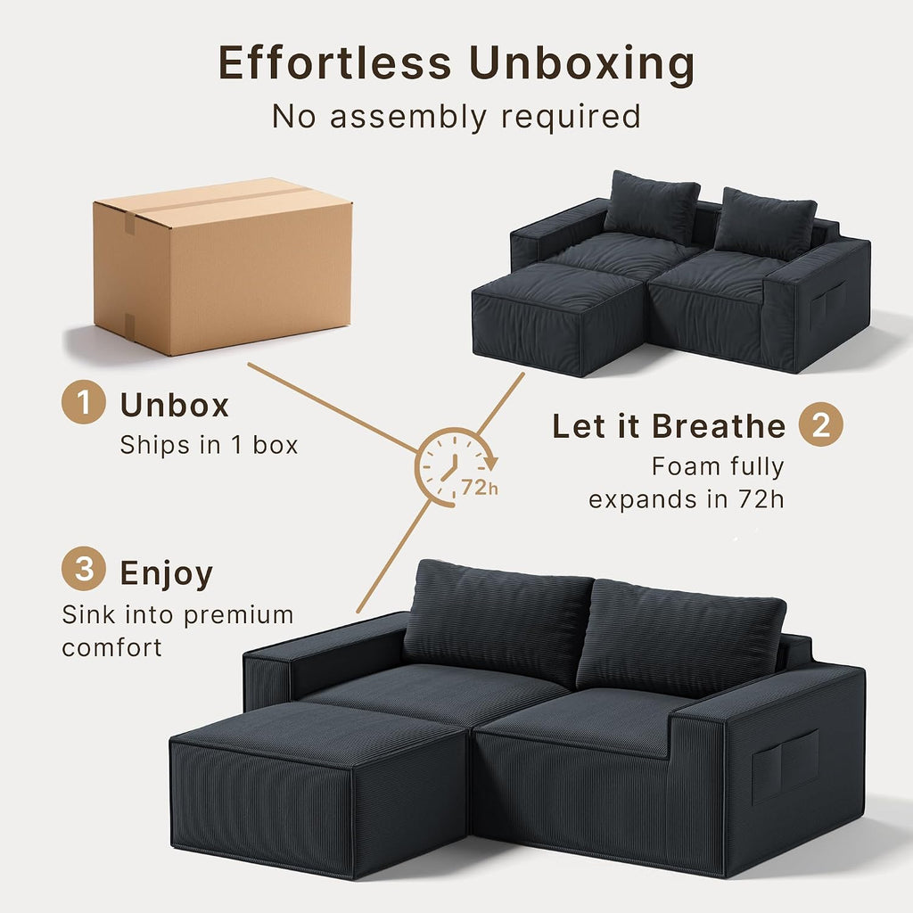 Boneless Cloud Couch, 80" Loveseat Sectional Sofa with Ottoman, Black | Corduroy No Assembly Modular L Shaped Floor Couch for Living Room, Small Space