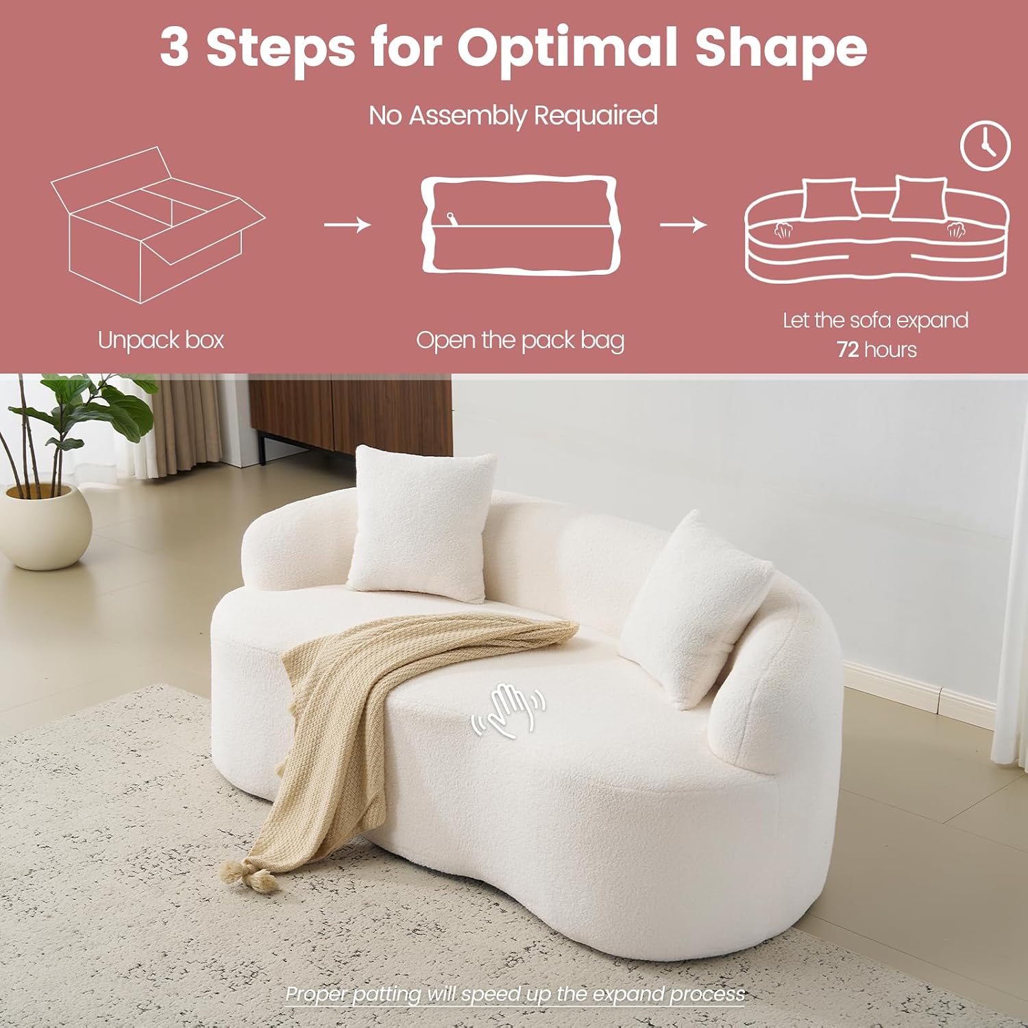 72” Curved Loveseat Sofa, Modern Teddy Boneless Couch with 2 Pillows for Small Spaces Living Room Bedroom, No Assembly Required (Cream White)