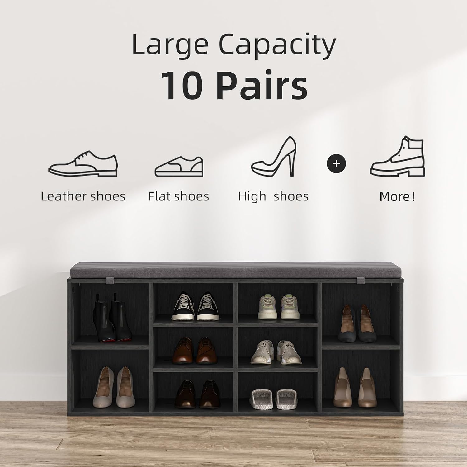 NUNU LAB Shoe Storage Bench, Shoe Bench with Removable Cushion 10 Cubbies, Space Saving Shoe Rack, 41 x 12 x 16.75 Inches, Black