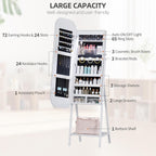 6 LED Mirror Jewelry Cabinet - Wall/Door Mounted Armoire with Large Capacity, Lockable, 14 Dimmable Lights + Adjustable Full-Length Standing or Hanging, White - Cosmetic Storage Organizer, Gift Idea
