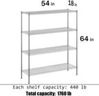 18" Deep x 54" Wide x 64" Height Wire Shelving Kit | 4-Tier | NSF Commercial Storage Rack Unit
