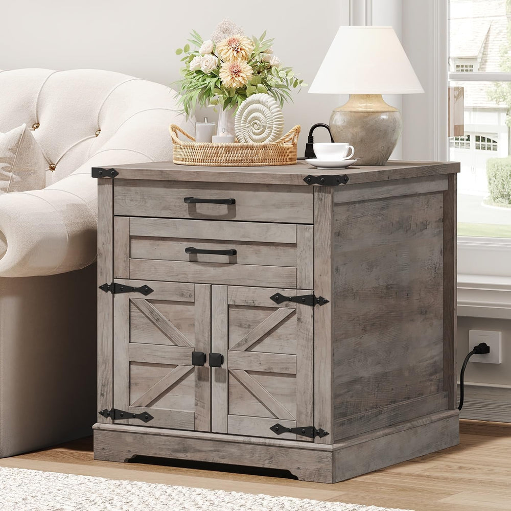 RALGEND Farmhouse End Table with Charging Station, 24'' Sofa Side Tab...
