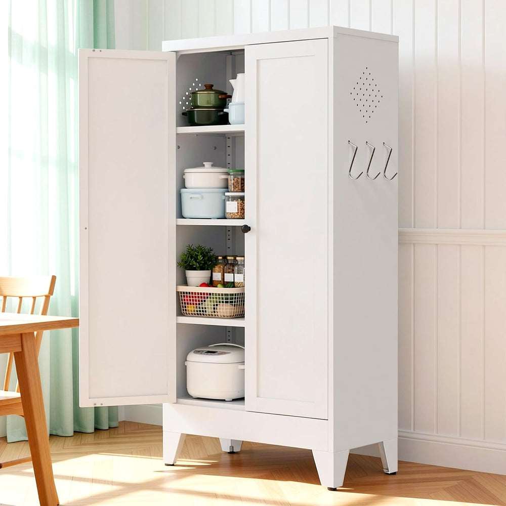 47.3 Inch White Metal Pantry Cabinet Freestanding Storage Organizer with 3 Ad...