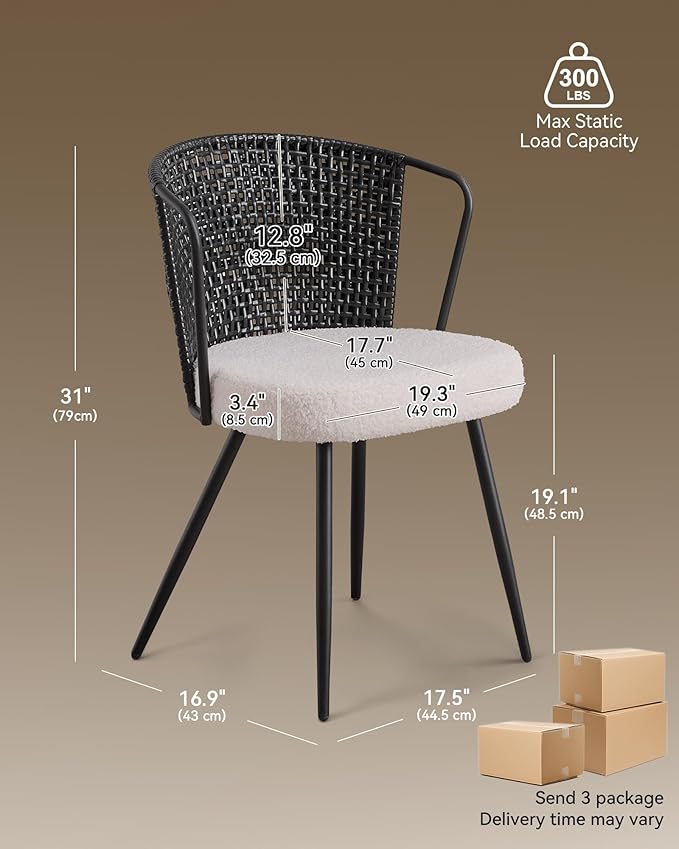 BedsPick Rattan Dining Chair Set of 6 - Farmhouse Upholstered Cane Back Kitchen Chair with Boucle Cushion, Wingback Dining Room Seat with Metal Legs for Home, Kitchen (Black)