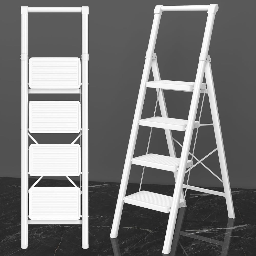 Step Ladder Foldable Folding Stool - 4 Step Stool with Wide Anti-Slip Pedal, ...
