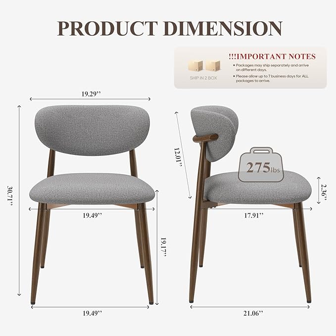 Dining Chairs Set of 4, Upholstered Dining Room Chairs with Metal Legs and Anti Slip Pads, Curved Back Kitchen Chair for Home and Restaurant Use, Light Grey