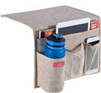 Linen 4 Pockets Bedside Caddy, Bedside Storage Organizer for Magazine, Remotes, Phone (Beige)