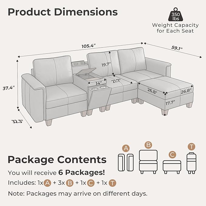 SITJOY 105" Faux Leather Modular Sectional Sofa with Storage, Mid Century Modern Sectional Couches for Living Room, 4 Seat L Shaped Couch with Ottoman and Console Table, Hidden Cupholders, Gray