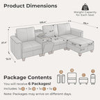 SITJOY 105" Faux Leather Modular Sectional Sofa with Storage, Mid Century Modern Sectional Couches for Living Room, 4 Seat L Shaped Couch with Chaise and Console Table, Hidden Cupholders, Gray