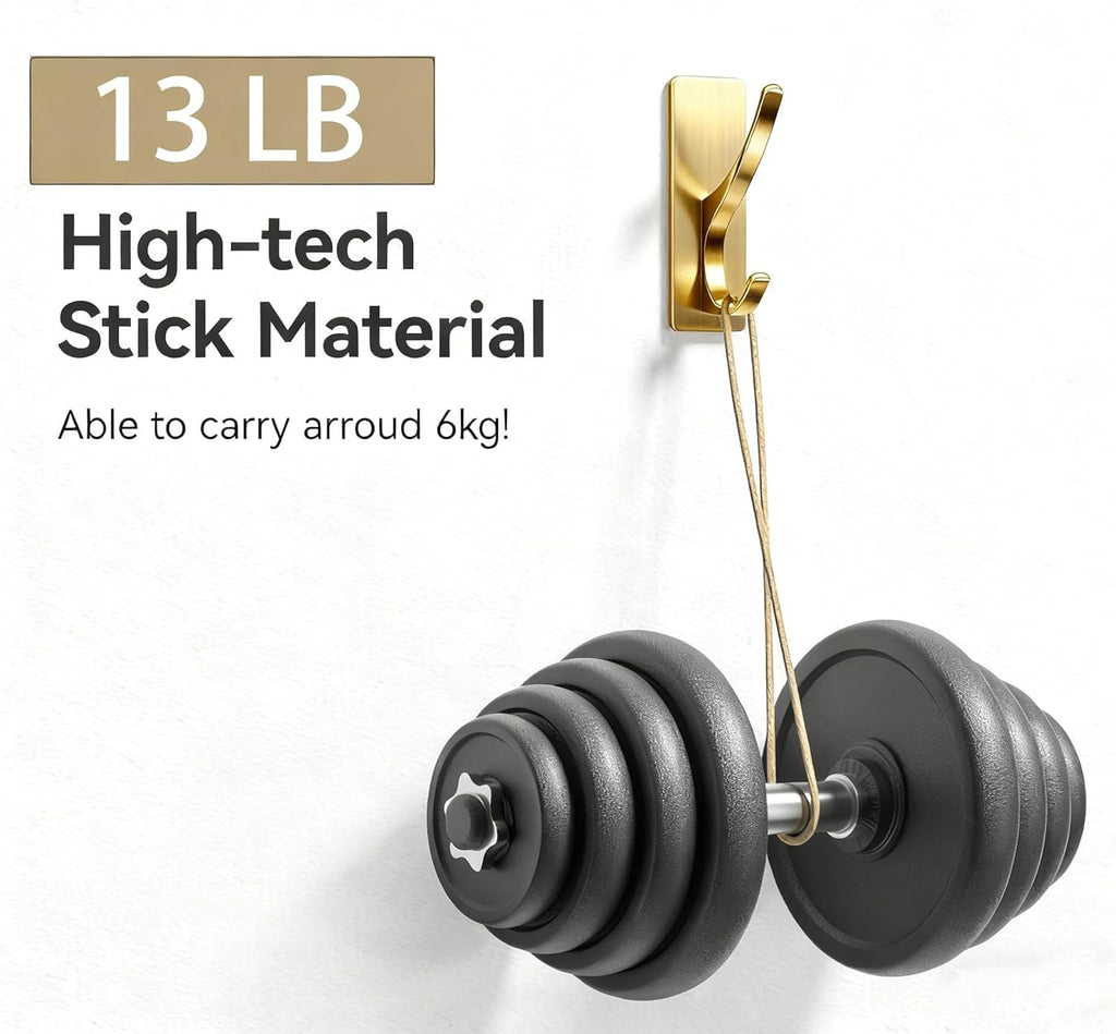 pickpiff 13 LB Self Adhesive Coat Hooks for Hanging: Heavy Duty Stainless Double Wall Hook for Towel, Backpack, Hat, Sturdy Metal Hanger for Bathroom, Bedroom, Door, Wall Mounted, 4-Pack, Brushed Gold