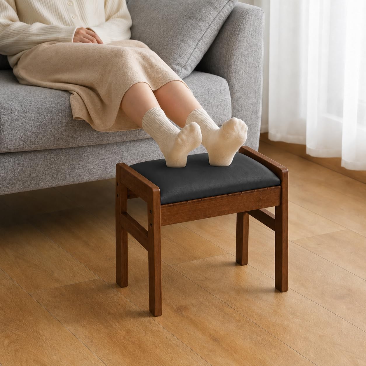 BAMBOOHOMIE Foot Stool Ottoman, Modern Vanity Stool Chair for Makeup with Removable Cushion & Side Handles, Bamboo Ottoman for Living Room Bedroom Office, Small Foot Rest for Couch (Black - Brown)