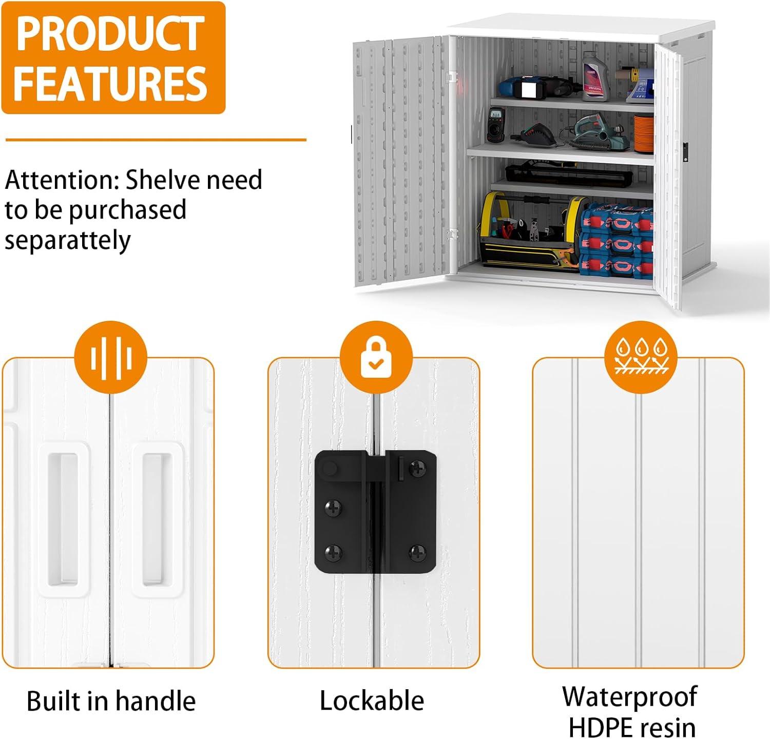 Outdoor Storage Cabinet with 2 Shelves, Waterproof Resin Vertical Tool Shed, Lockable 15 cu. ft. Storage Shed for Patio, Garden, Yard, Dark White