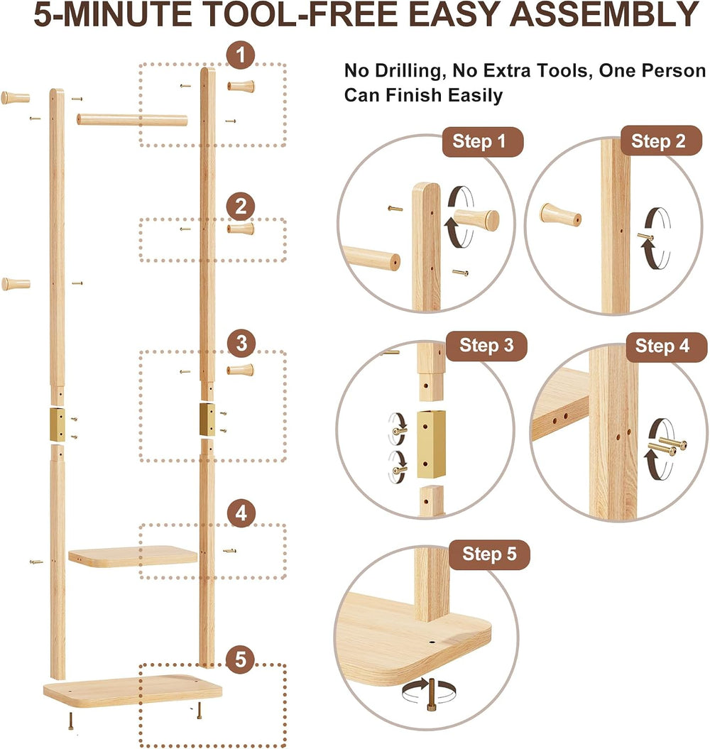Solid Wood Coat Rack Freestanding, Clothing Rack with 5 Hooks & Bottom Sh...