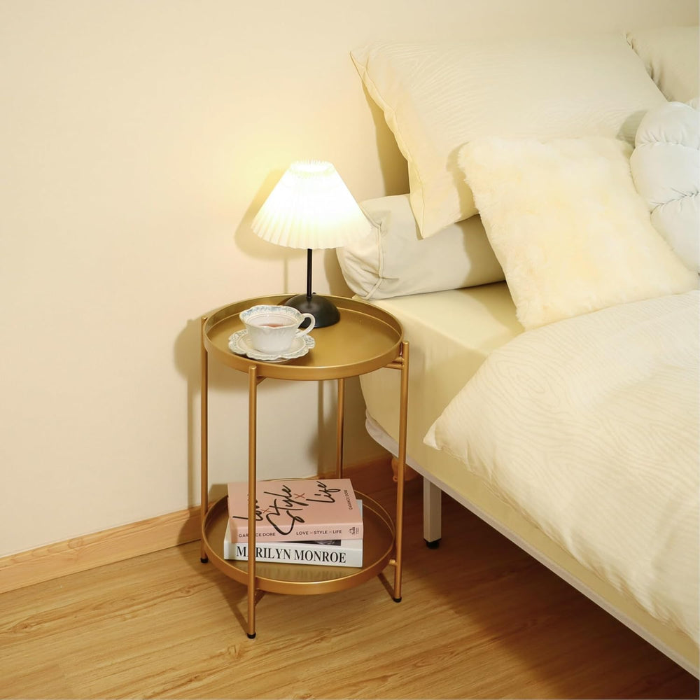 2-Tier Round End Side Table, Small Metal Side Table with Removable Tray, Fold...