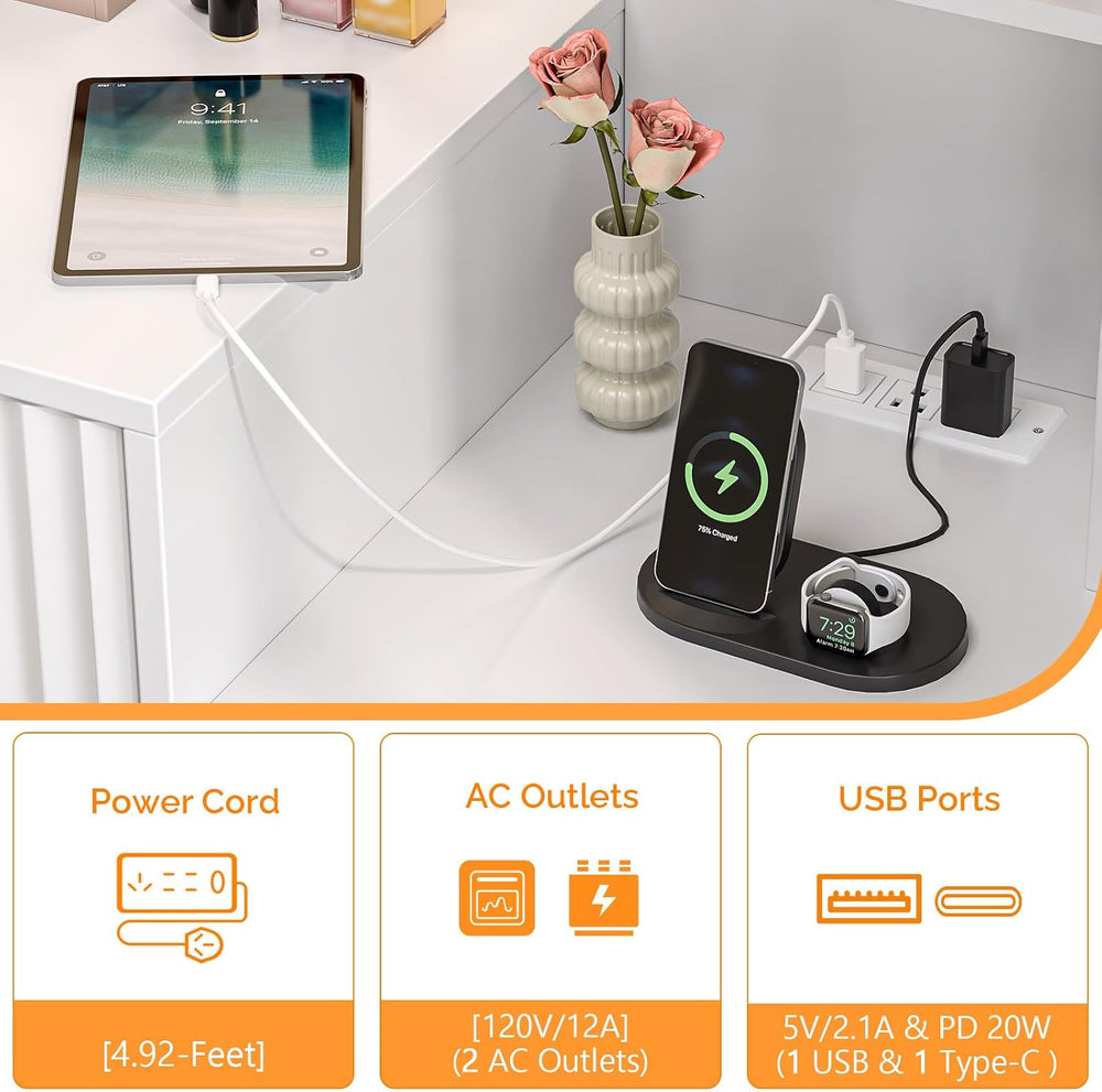 VINGLI Fluted Makeup Vanity Desk with Mirror & Lights & Power Outlet,...
