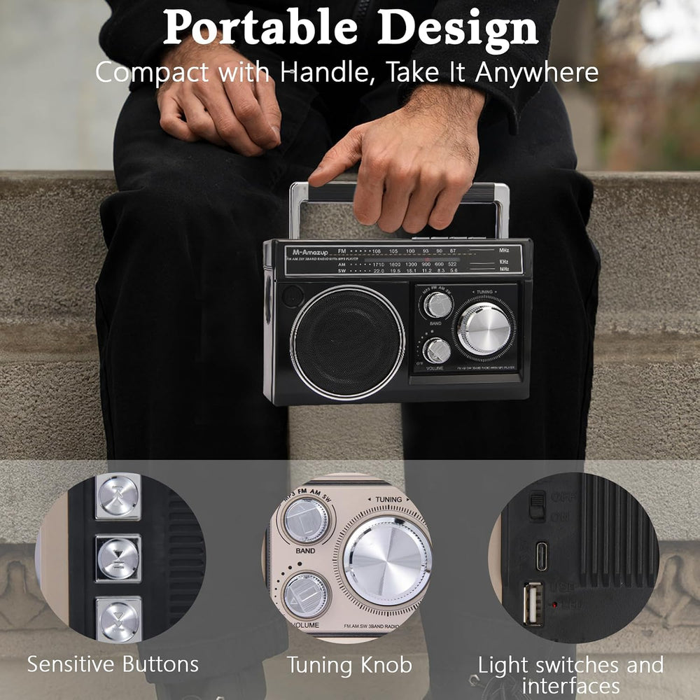 Radios Portable AM FM, Retro Portable Radio with Bluetooth Speaker and Flashl...