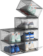 Upgrade Harder Solid Plastic Shoe Organizer, Shoe Storage with Magnetic Front Door, Shoe Rack 6 Pack Shoe Boxes Clear, Sneaker Storage, Shoe Organizer for Closet, Shoe Display Case, Black