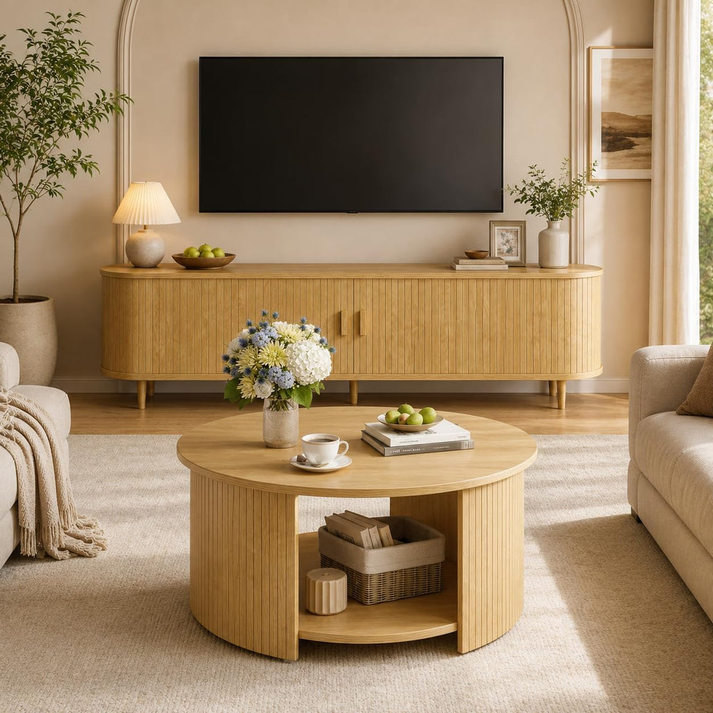 Living Room Table Set of 2, 65" Mid Century Modern TV Stand with Power O...