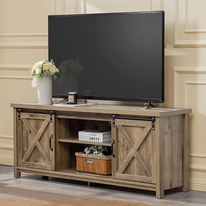 GAZHOME Farmhouse TV Stand with Sliding Barn Doors, Media Entertainment Center Console Table for TVs up to 65”,2-Tier Large Storage Cabinets,Rustic TV Stand for Living Room Bedroom,Light Grey