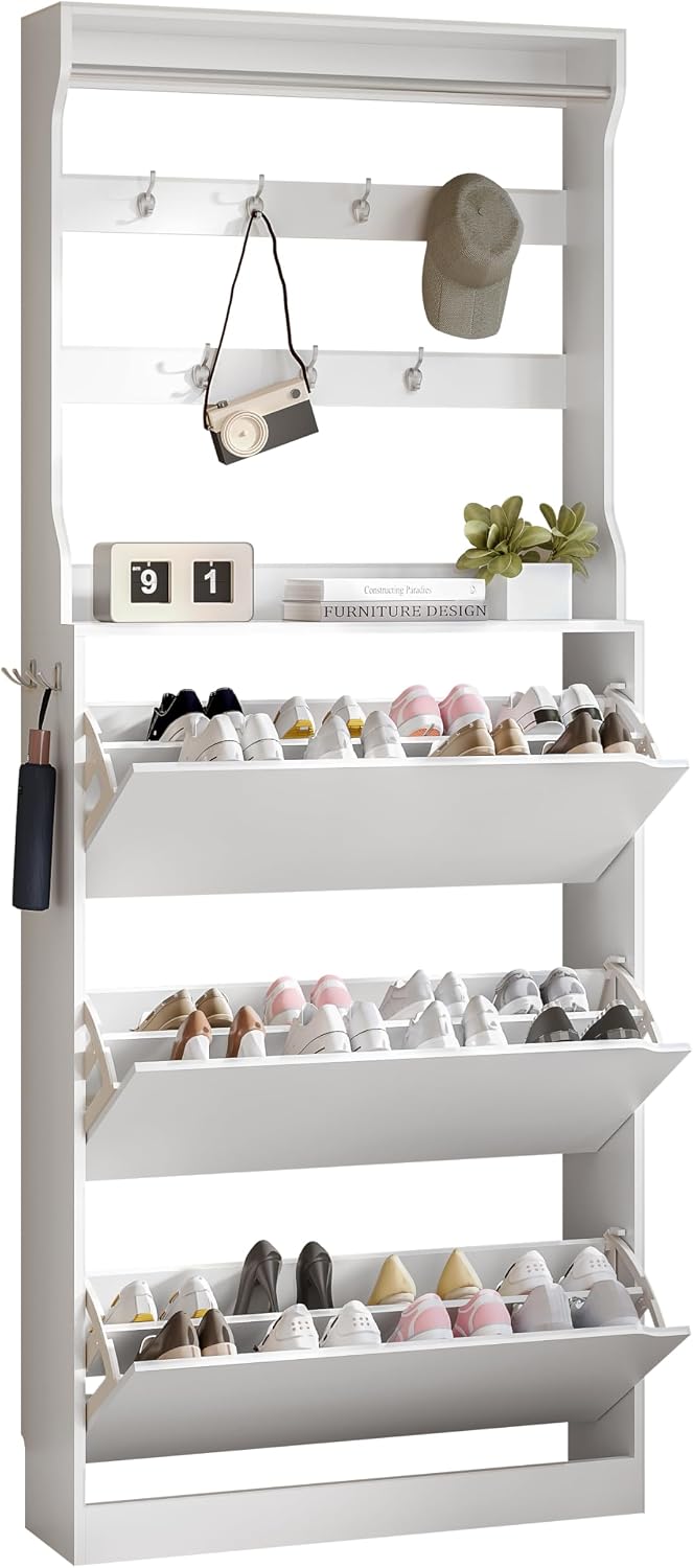 Tall Shoe Cabinet with Coat Rack, Hidden Shoe Storage Cabinet with Doors & Drawer, Hanging Bar & Hooks, Slim Narrow Freestanding Shoe Rack Organizer for Entryway, Hallway & Living Room, White