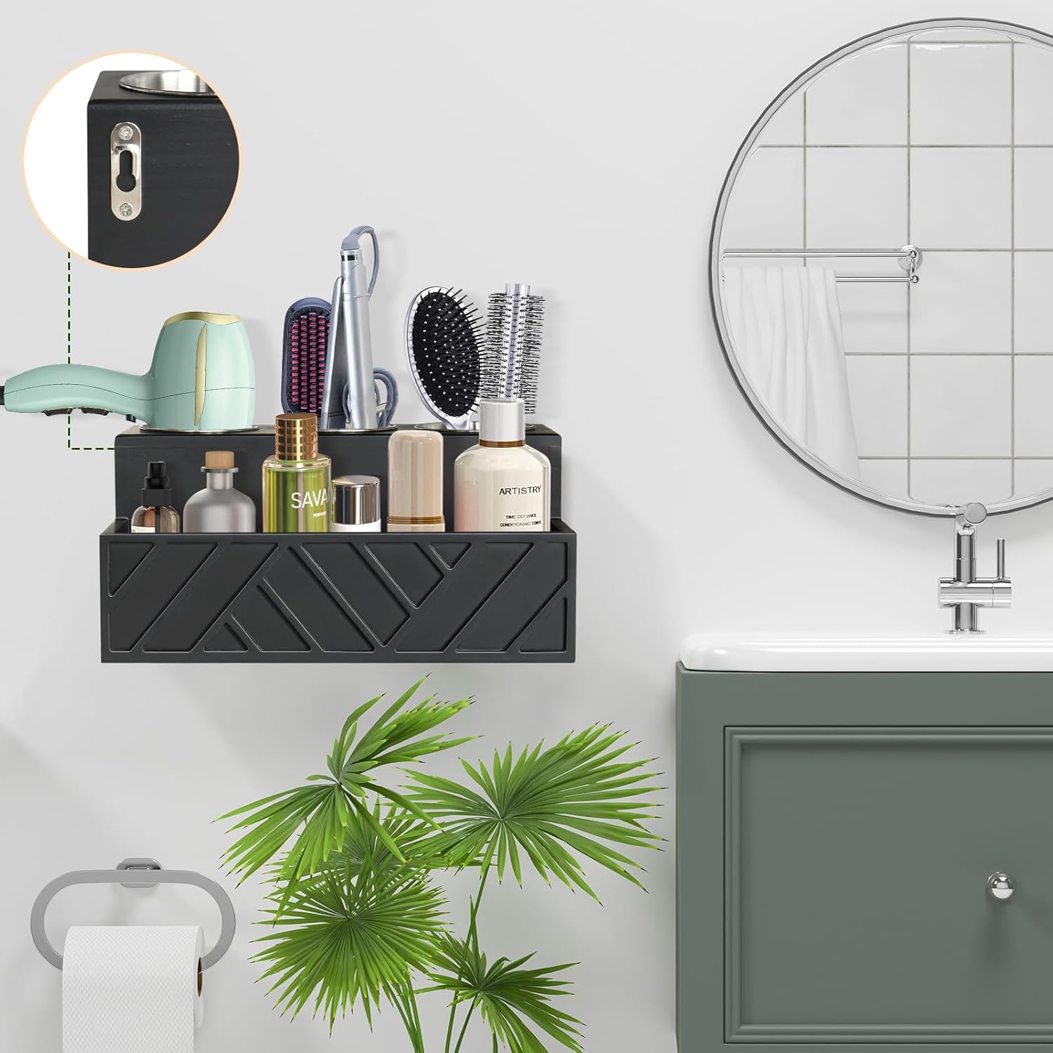Unistyle Hair Tool Organizer, Wall Mounted, Bathroom Countertop, Vanity Organizer, Black, Wooden, Rectangular, Rustic, Art, 7.1 x 5.3 x 5.3 Inches, Paulownia Wood & Stainless Steel, 1.87 Pounds