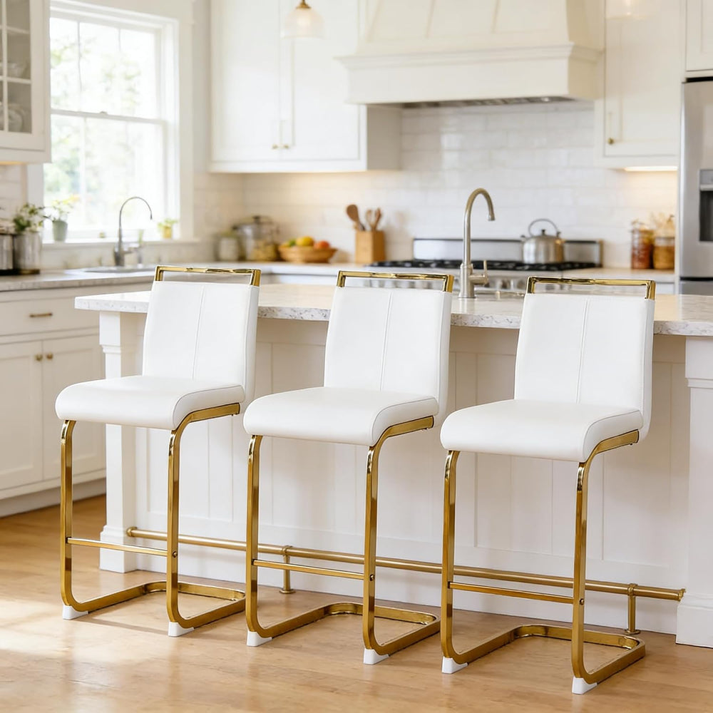 Bar Stools Set of 3,Gold Bar Stools with Back,25" White Island Chairs wi...