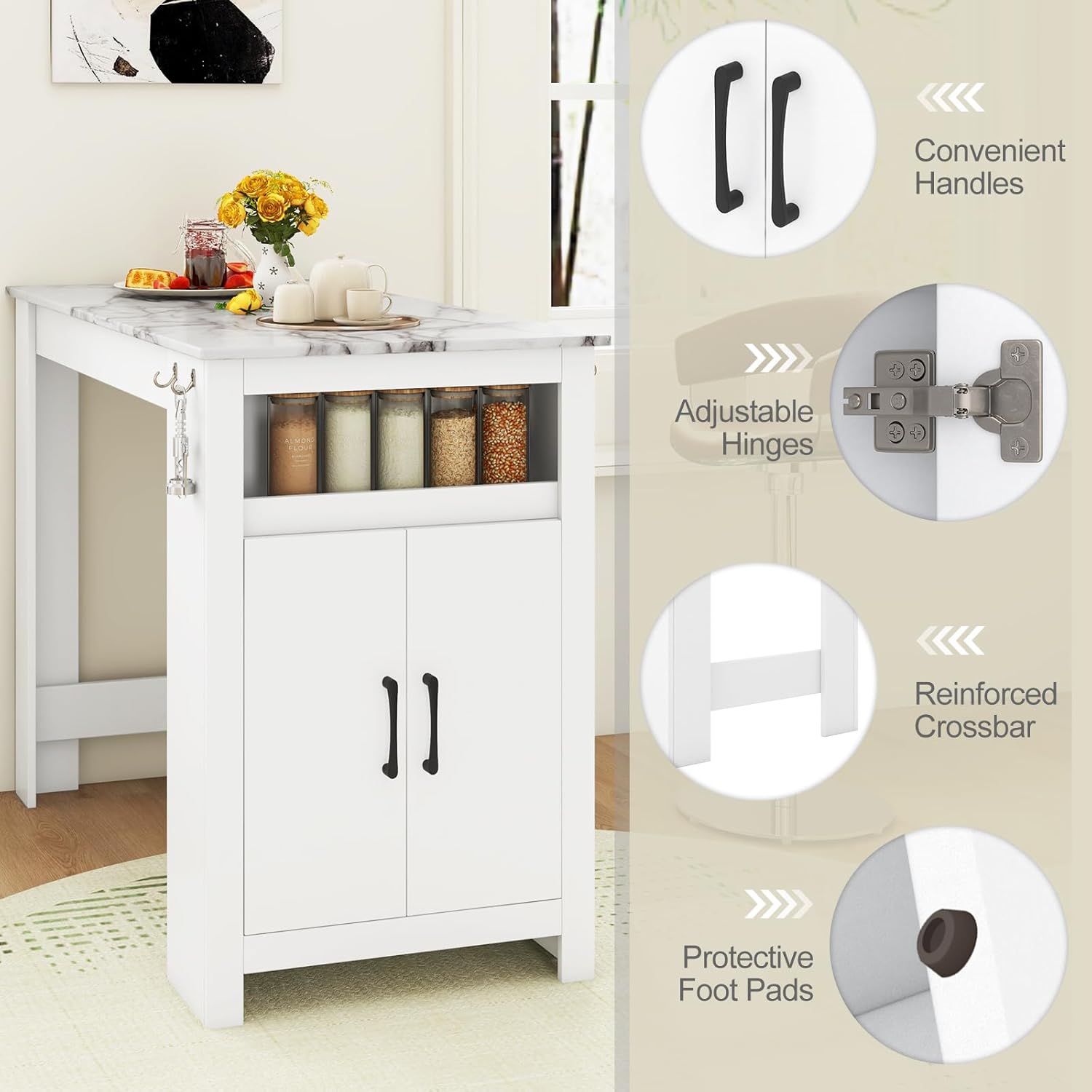 COSTWAY Bar Table, Modern Faux Marble Breakfast Table with 7 Hanging Hooks, Open Compartment, Storage Cabinet & Adjustable Shelf, Counter Height Dining Table for Kitchen, Dining Room, Living Room | 7 Hanging Hooks, Open Compartment, Storage Cabinet &
